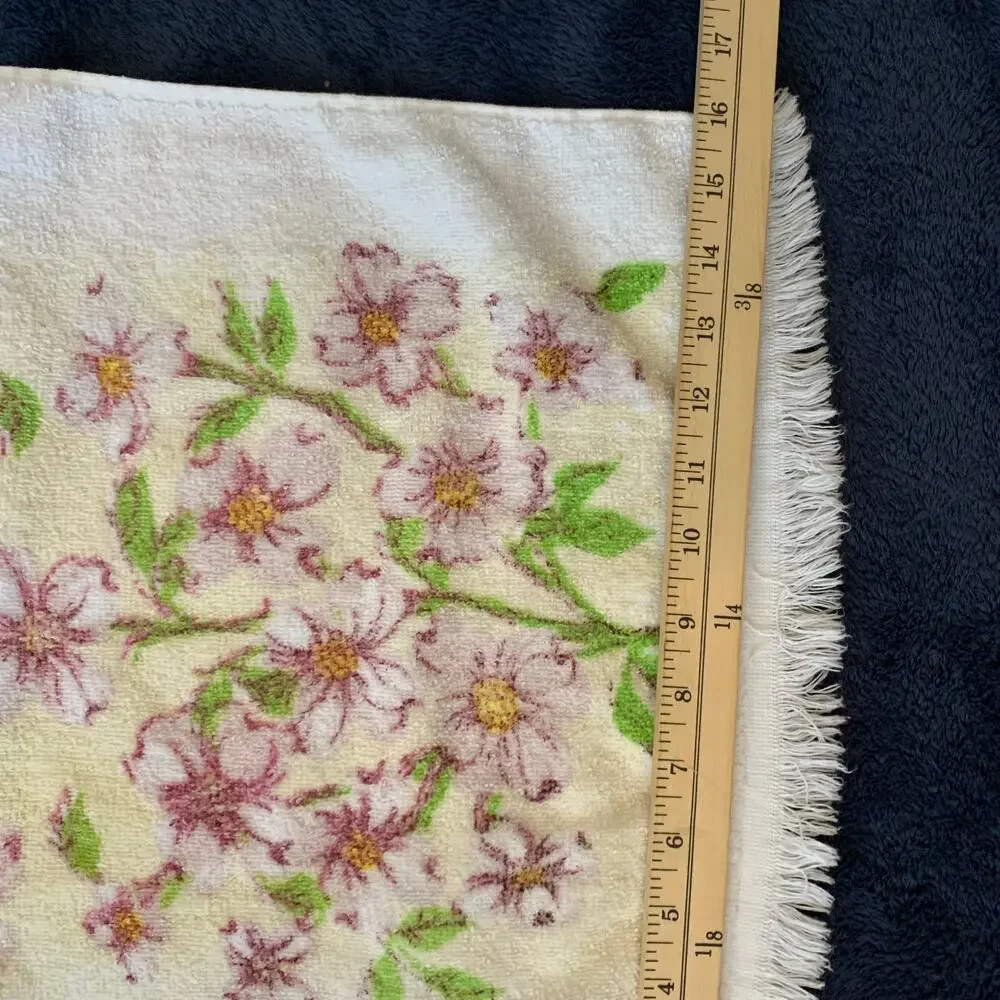Vtg 70s Floral Bath Hand Dish Towel Purple Green Yellow Fringe Cotton 1970s
